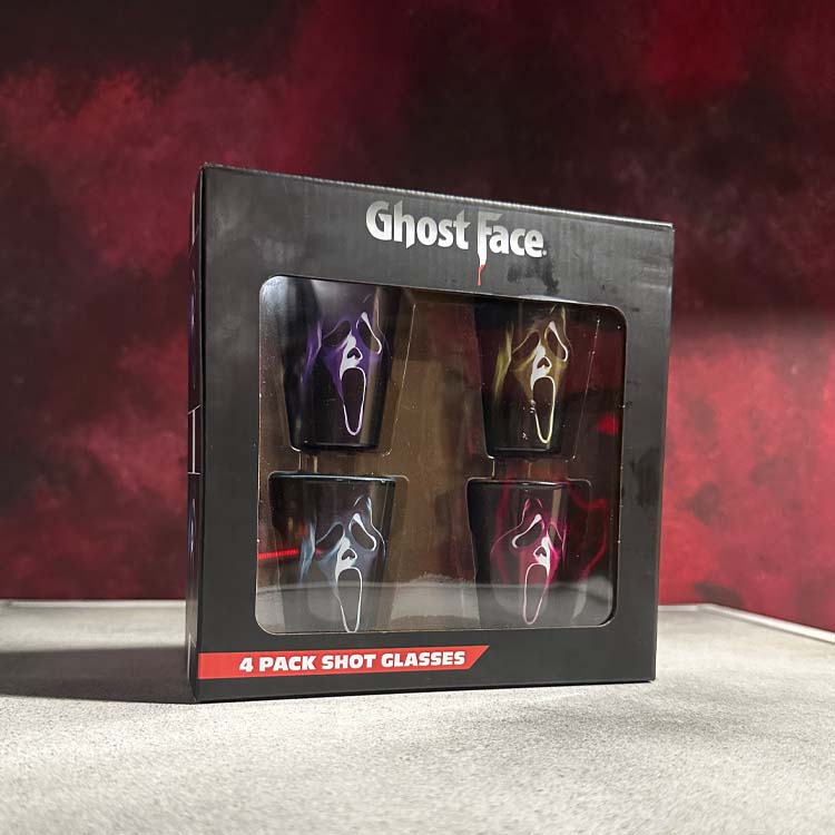 Packaged set of 'Ghost Face' shot glasses with a dark red background
