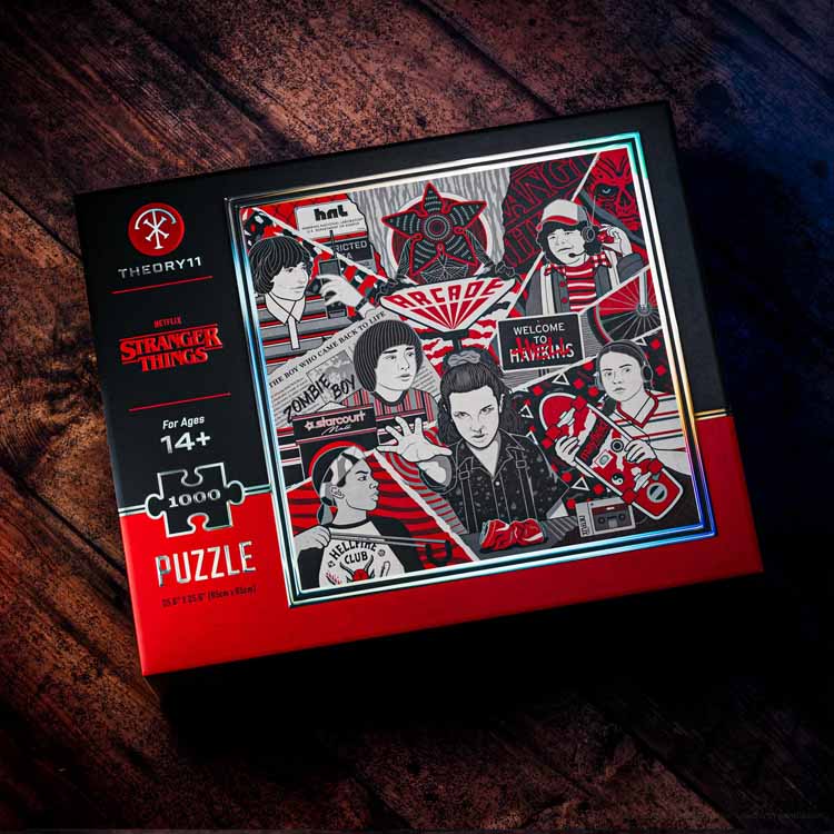 Puzzle box with 'Stranger Things' theme on a wooden surface
