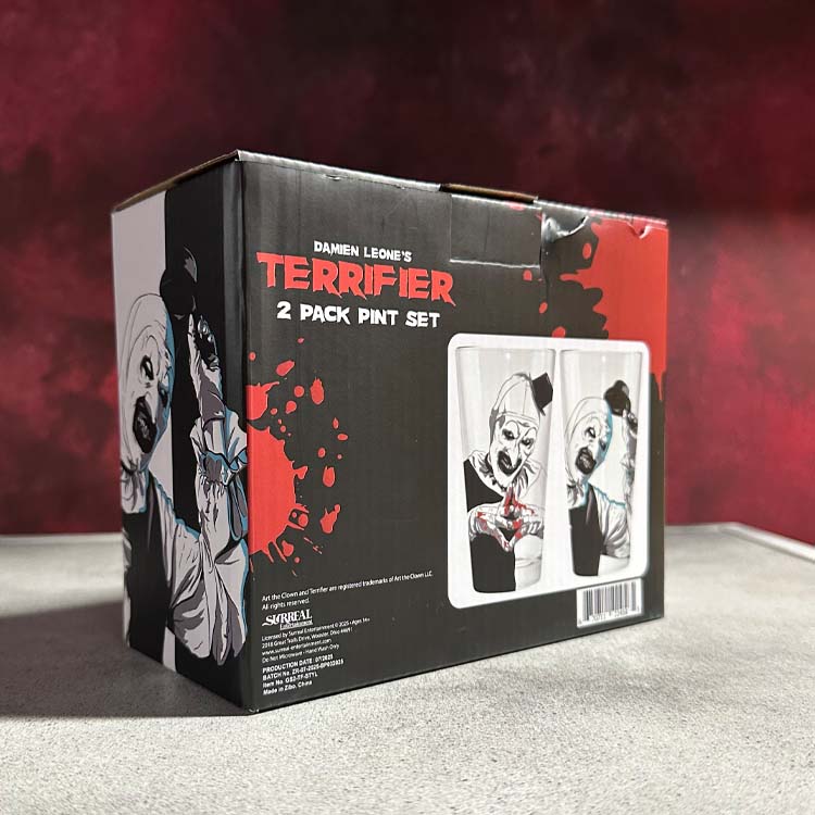 Box for Damien Leone's Terrifier 2-pack pint glass set with graphic design on a dark background