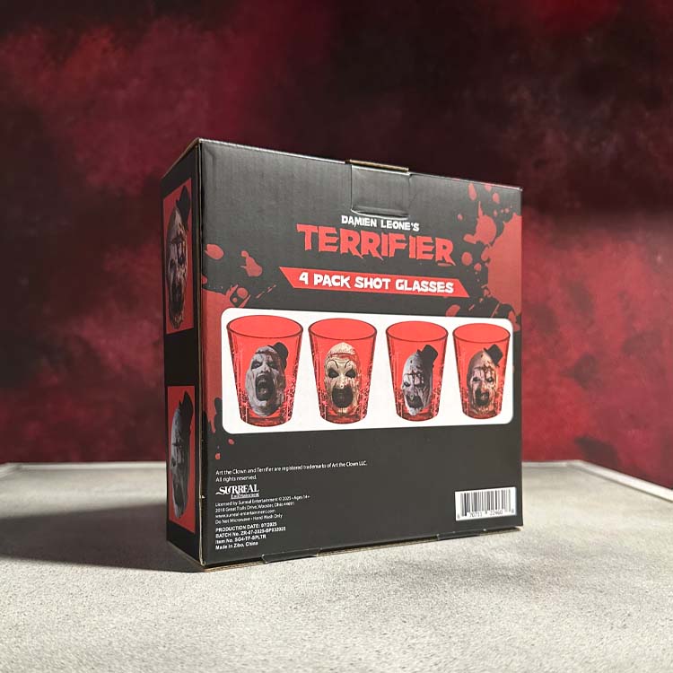 Box of 'Terrifier' 4-pack shot glasses with a red and black design.