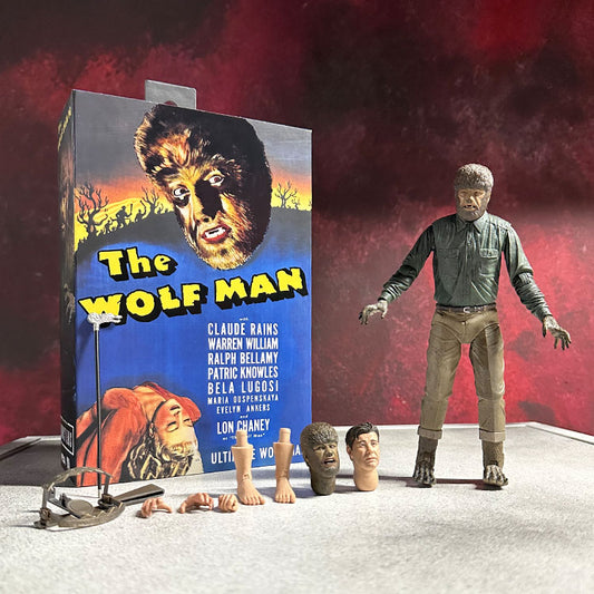 A 7-inch action figure of the NECA Wolf Man alongside the original packaging. The figure has interchangeable parts and is displayed with multiple accessory pieces.