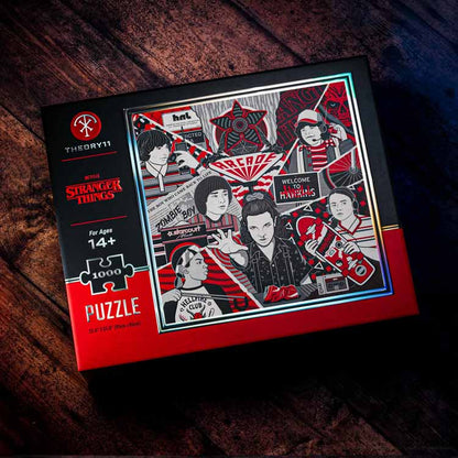 Puzzle box with 'Stranger Things' theme on a wooden surface