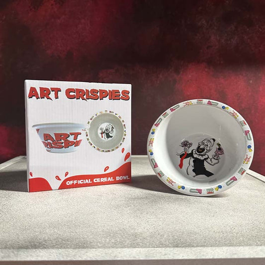 Terrifier Art Crispies official cereal bowl with packaging on a textured surface and red background